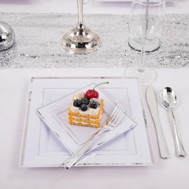 Liacere 100PCS White and Silver Square Plastic Plates - 50PCS Heavy Duty 9.5inch White Dinner Plates and 50PCS 6inch White Dessert Plates-Silver Disposable Plates for Party＆Wedding＆Christmas