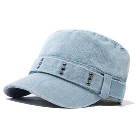 Gvatasz Military Hat for Men Army Hats Unique Design Cadet Cap Short Brim Baseball Cap Adjustable Denim Cotton Hat,Light Blue