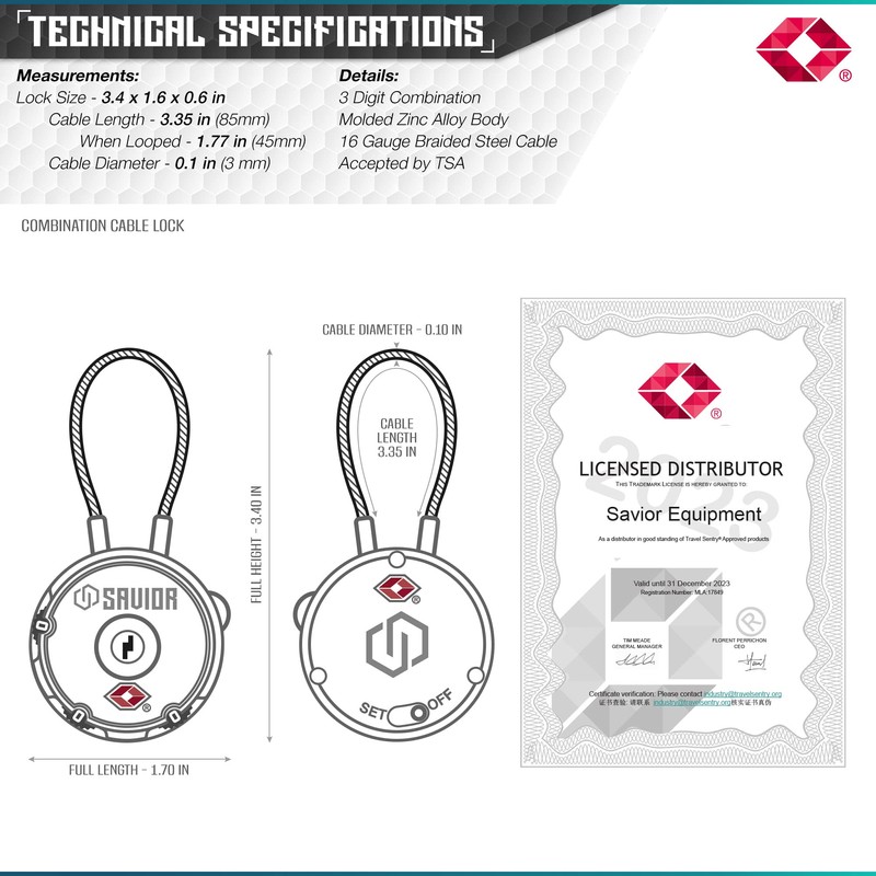 Savior Equipment Quality TSA-Approved 3-Digit Combination Cable Travel Luggage Locks