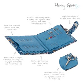 Hobby Gift Needle Case – Cotton Fabric with Woodblock Floral Print, Popper Fastening, Felt Pages, Includes Needles, Pins & Scissors Compact Sewing Kit for Craft and Sewing 9.5x9cm