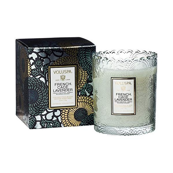 Voluspa French Cade Lavender Scalloped Edge Boxed Glass Candle, 6.2 Ounces