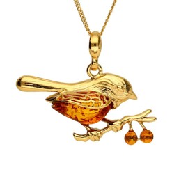Kiara Jewellery 925 Sterling Silver Gold Plated Red Robin Pendant Necklace On a Branch Inset With Brown Baltic Amber on 18" Sterling Silver Chain.
