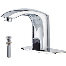 Automatic Bathroom Sink Faucet with Hole Cover Plate Sensor Touchless Dual-Powered Chrome Vanity Faucets Hands Free Water Tap with Control Box and Temperature Mixer Matching Pop Up Drain with Overflow