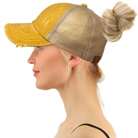 C.C Ponytail Criss Cross Messy Buns Ponycaps Baseball Cap Dad Trucker Mesh Hat (Distressed Mustard)