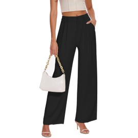 FUNYYZO Women Loose Pleated Front Long Pants Wide Leg Trousers Solid Causal Dressy Black