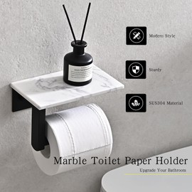JOMANDAN 304 Wall Mounted Toilet Paper Holder, Toilet Paper Phone Holder Mobile Phone Storage Shelf for Modern Bathroom with Shelf-with Marble Panel (Black)