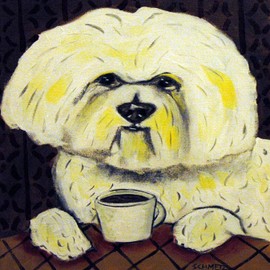 Bichon Frise at the Cafe Coffee Shop dog art tile coaster gift
