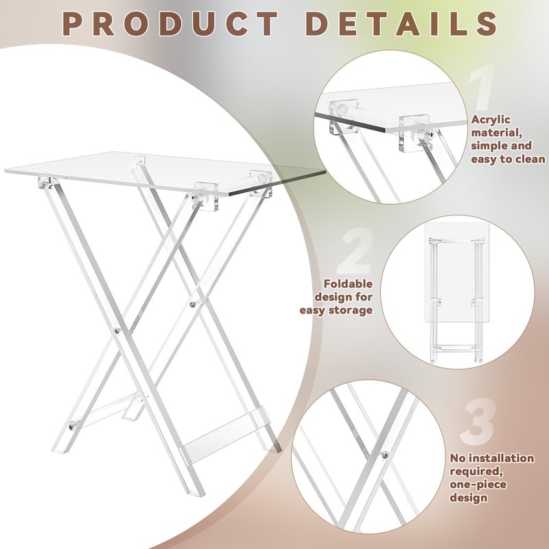 Beeveer 2 Pcs Acrylic Foldable TV Dinner Table Clear Small