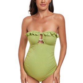 EastElegant Maternity Ruffle Ribbed Cutout One Piece Swimwear Square Ring Linked Pregnancy Bathing Suit Grass Green M