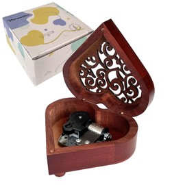 Edelweiss Windup Music Box, Heart Shaped Vintage Hollow Out Wood Mechanism YunSheng Movement Musical Gift for Wedding Birthday Lover Valentine's Day