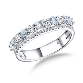 RANDES Aquamarine Ring 925 Sterling Silver Band Rings for Women Two Row Aquamarine Stone March Birthstone Ring Size 10