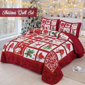 Luxudecor Christmas Queen Quilt Set 3 Pieces, Green Christmas Tree and Reindeer Pattern Bedspread, Soft Reversible Coverlet Xmas Bedding Set Holiday Decor 96"x90"