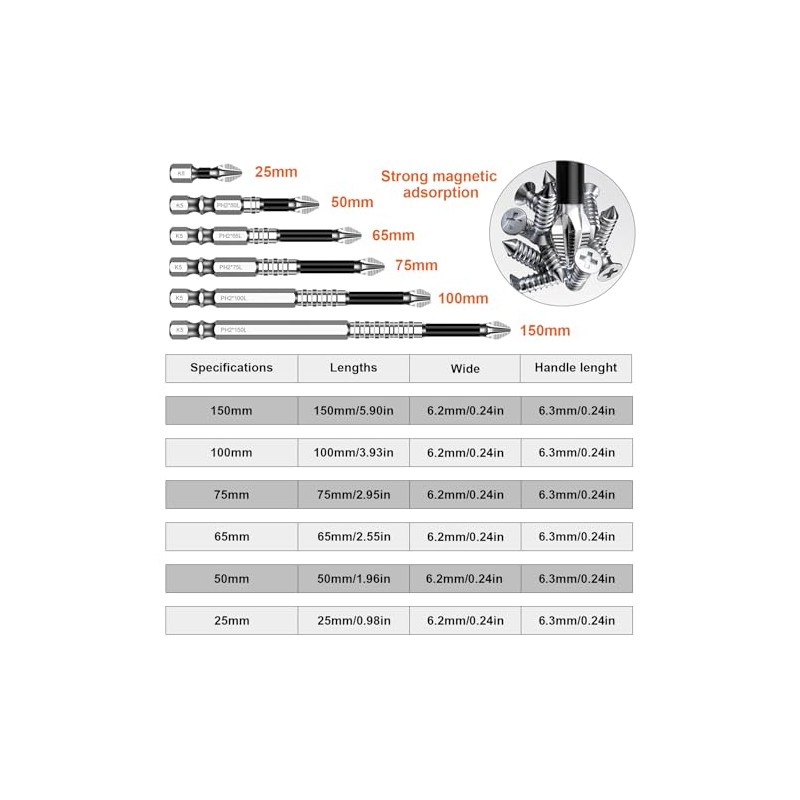 High-Magnetic Screwdriver Drill Bit Set, 6 Pcs Anti-Slip Impact Bits