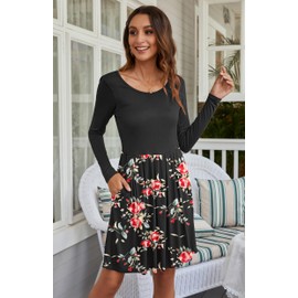Auselily Women’s Dress with Knee-Length Pockets, Long-Sleeved, Pleated, Loose, Swing, Casual Dress