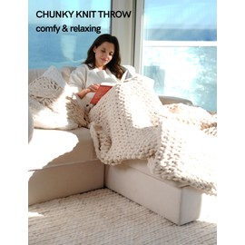 YnM Chunky Throw Blanket, Medium-Weight, Hand Knitted with Chenille Yarn, Skin Friendly, Ventilated and Breathable, Machine Washable, Home Décor Piece for Couch Sofa and Bed (Butter Cream, 80x87 Inch)