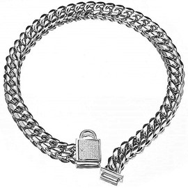 Aiyidi Pet Dog Collar, Top Stainless Steel Dog Chain Training Collar, 14mm Silver Tone Cuban Curb Chain Dog Collar, with White Zirconia Lock Dog Necklace 10-26 Inches(14mm,20inches)