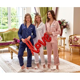 TEEAMORE Custom Womens Satin Pajamas Set Wedding Party Bachelorette Party Embroidered Monogrammed Long Sleeve Sleepwear Pjs White