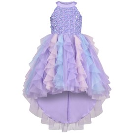 Girls Halter Dress Purple Pleated Tiered Sequin Pageant Hi-lo Hollow Back 10
