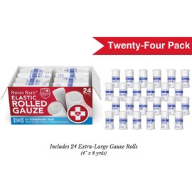 Swiss Safe Long Elastic Stretch Gauze Rolls, 4 Inch x 8 Yards, (24 Pack)