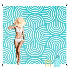 Beach Blanket Waterproof Sandproof, 9 Ft X 10 Ft Extra Large Sand Free Beach Mat, Big Compact Lightweight Quick Drying Picnic Blanket with 4 Stakes & Pockets for Camping, Travel, Hiking