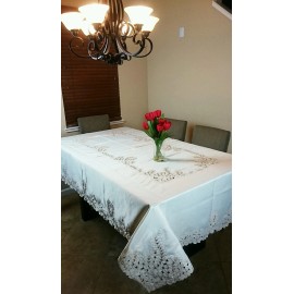 Grantlinen White Color Fabric 72x90" Embroidery Peacock Leaves Cutwork Tablecloth Napkins