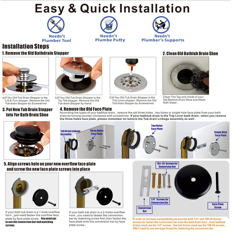 Black Universal Tub Drain Tip Toe Tub Conversion Kit Assembly,