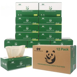 QingYa Unbleached Bamboo Facial Tissues - 12 Boxes of 100% Natural, Hypoallergenic, 134 Sheets per Box, FSC Certified, Eco - Friendly, Ultra - Soft & Gentle for Everyday Home and Office Use