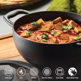 Tramontina Utsava 2.3-Quart Pre-Seasoned Cast Iron Kadai with Lid, Small Kadhai Pot for Indian Cooking