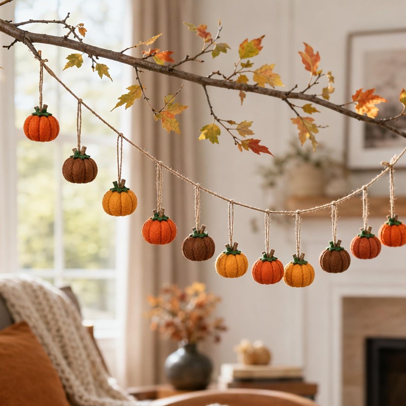 10PCS Pumpkin Garland with String, Hanging Pumpkin Decorations Indoor
