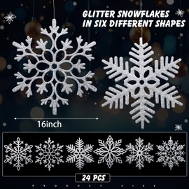 Sratte 16 Inch Large Snowflake Ornaments Giant Glitter Decorative Hanging Snowflakes 6 Designs Christmas Decorative Hanging Ornaments Winter Window Decor Snowflakes with Nylon Thread(Silver, 24 Pcs)