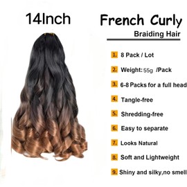 Datanala French Curl Braiding Hair 14 Inch 8 Pack/Lot Loose Wavy Spiral Curl Braids Crochet Hair Deep Wave Synthetic Extensions Pre Stretched Bouncy Braiding Hair (14 inch, T30)