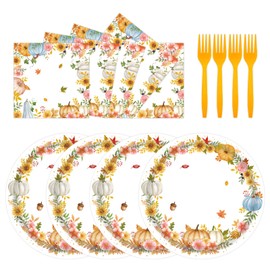 72 Pcs Fall Party Supplies Paper Plates and Napkins, Thanksgiving Pumpkin Flower Wreath Plates Napkins Tableware Set for Autumn Theme Party Decorations (Fall)