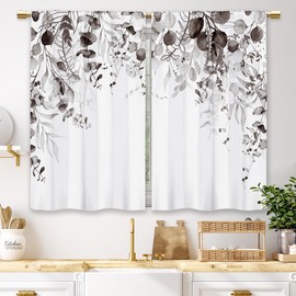 Laifzere Grey White Flower Eucalyptus Kitchen Curtains Botanical Leaves Small Short Cafe Window Curtains Watercolor Plant Floral Bathroom Drapes Treatment Tier Curtains 2 Panels (27.5x39 Inch)