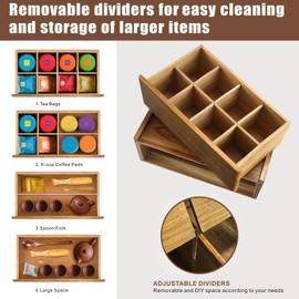 Idefair Acacia Wood Tea Box Organizer Storage Box with 5 Wooden Coasters, Tea Bags Organizer Chest Storage with Drawer, Tea Bag Box for Coffee Teabgs Countertop Display