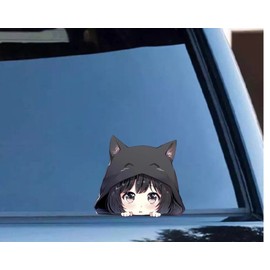 Peeking Anime Girl with Black Cat Hat Car Decal, Waterproof Kawaii Cute Stickers for Car, Truck, SUV, Motocycle, Bike, Car Accessories for Chibi Girl is Sneaking for Girls and Teens (Black Cat)