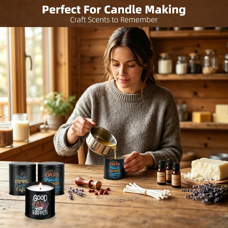 12 Pack Inspirational Black Candle Tins with Lids, 10 oz