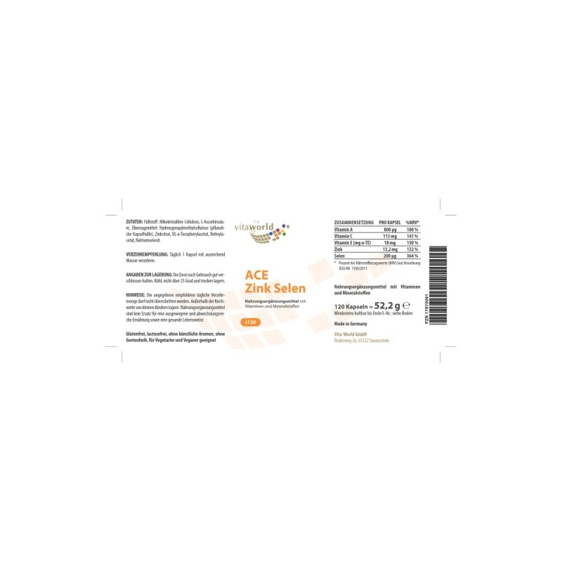 Vita World ACE Zinc + Selenium 120 Capsules Vegan Supplemented