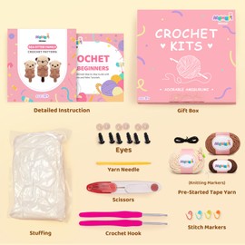 Mewaii Crochet Kit for Beginners, Crochet Starter Kit with Step-by-Step Video Tutorial, Crochet Animal Complete Kit with 40%+ Beginner-Friendly Yarn for Adults Kids (Sea Otter Family 3 Packs)