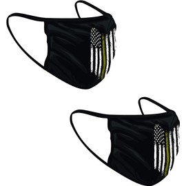 Tattered Thin Gold Line Subdued American Flag Dipatcher Washable Reuseable Face Mask (Black, 3)