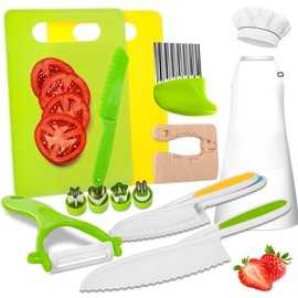 Kids Knife Set for Real Cooking Real Montessori Kitchen Toys for Toddlers Cooking Sets with Plastic Children Safe Knives Crinkle Cutter Cutting Board Kids Apron Chef Hat Gifts Toddler Toys