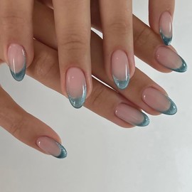 24Pcs Almond Press on Nails Medium Fake Nails Light Blue Cat Eye French Tip False Nails Acrylic Glue on Nails Glitter Full Cover Stick on Nails Glitter Artificial Nails for Women