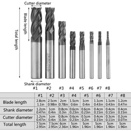 Carbide End Mill, Milling Shank, Cutting Cutter, Straight, 4 Blades, Tungsten Steel, 8 Pieces, 0.08, 0.1, 0.2, 0.2, 0.2, 0.2, 0.2, 0.2, 0.2, 0.3, 0.2, 0.4, 0.4, 0.5, 0.5, 0.5, 0.5, 0