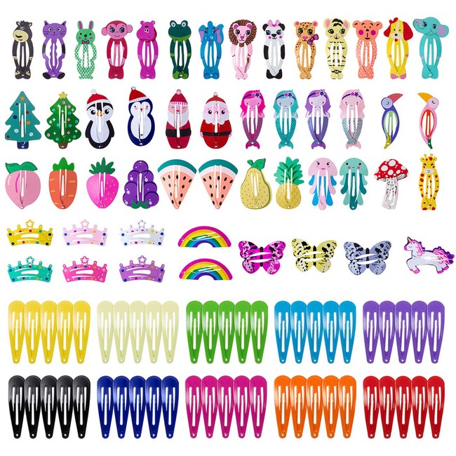 Hair Clip Barrettes - 100 Pcs Assorted Candy Colors Hair Clips for Girls Teens Kids Women Non Slip Metal Cartoon Design Hair Pins(Animals Crowns Fruit Mermaids)
