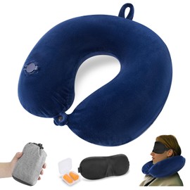 JetsCush Aeroplane Inflatable Neck Pillow, Travel Pillow, Compact Neck Pillow, Inflatable with Eye Mask and Earplugs, Lightweight Adult Neck Pillow for Plane, Train, Office, Blue
