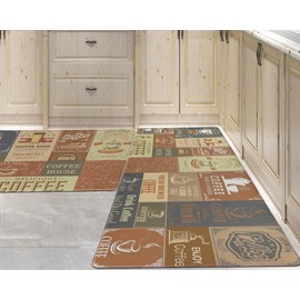PCSWEET HOME Coffee Kitchen Rug 2 Piece Set, Coffee-themed Kitchen Mats for Floor Anti Fatigue Mats for Kitchen Floor, Farmhouse Kitchen Rugs Non Slip Comfort Standing Mat 17.3"x30"+17.3"x47" Wine Red