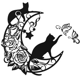 QUMENEY 35 cm Black Cat Moon Metal Wall Art Butterfly Modern Hanging Wall Decoration Silhouette Ornament for House Window Doors Mantle Decorations Home Bedroom Kitchen Garden Outdoor