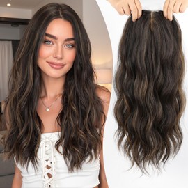 EMMOR 20 Inch Wavy Hair Toppers,Premium Synthetic Long Curly Hair Pieces with 6“ ×6” Large Base,Central Lace Clip In Hair Extensions for Women with Thinning Hair(Black Brown With Brown Highlight)