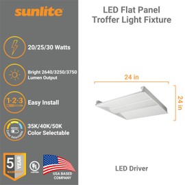Sunlite 2x2 FT LED Flat Panel Troffer Light Fixture, 20/25/30 Selectable Watts, 2460-3810 Lumens, 35K/40K/50K Selectable Color Temperature, 120-277V, Dimmable, 50,000 Hour Life Span, UL & DLC Approved