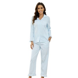LYCY Women's Long Pyjamas 100% Cotton Pyjamas Women's Long Set Pyjamas Long Sleeve Button Up Light Cute Soft Cotton Pyjamas Sleepwear, lightblue, S