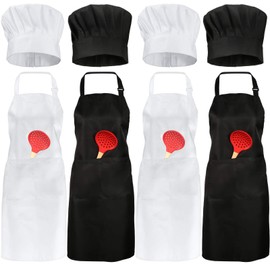 Geyoga 4 Pieces Chef Aprons and 4 Pieces Chef Hat Set Adjustable Apron with Pocket Butcher Hat Baker Costume Kitchen Apron for Men and Women